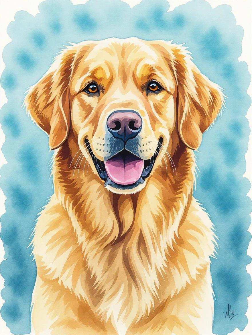 Watercolor illustration of a golden retriever. The dog has a happy expression and is set against a soft blue-green background. The style is bright and cheerful.