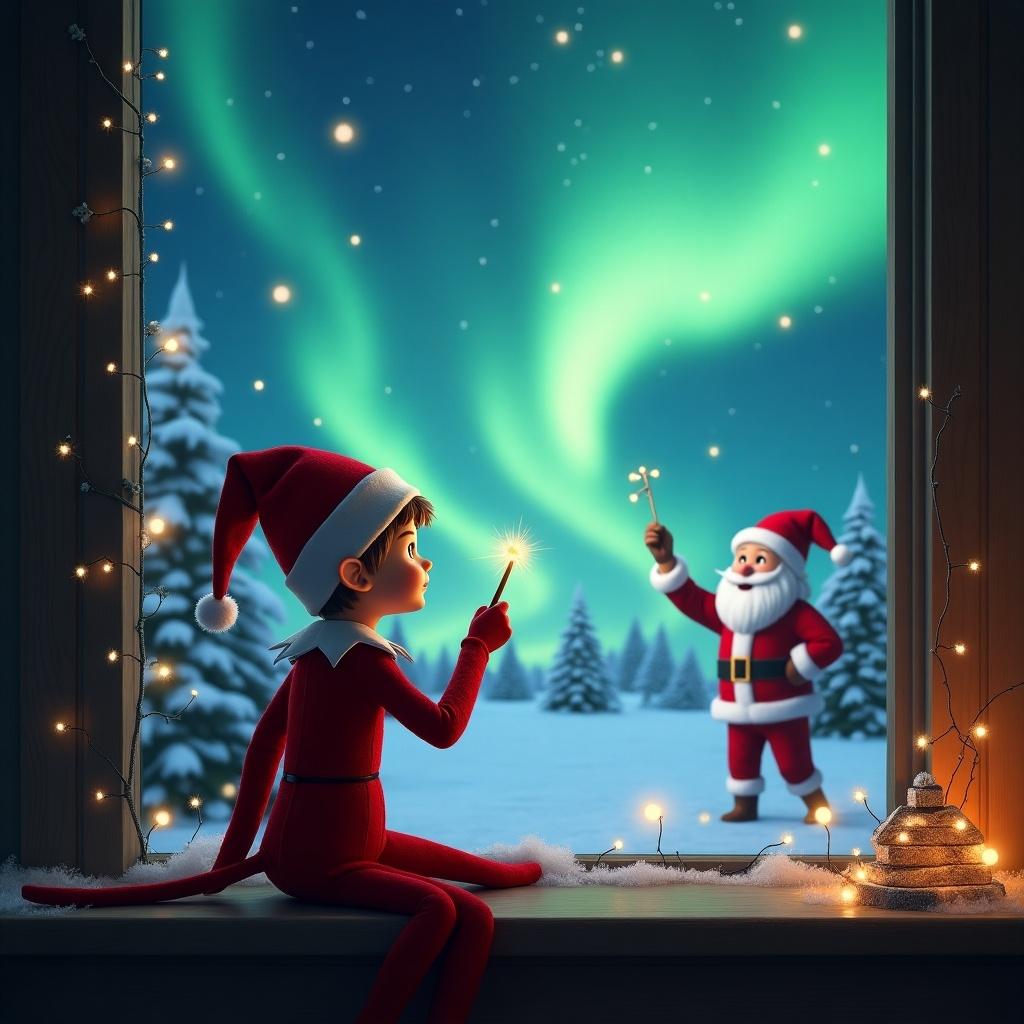 An enchanting winter scene where an elf is sitting with his back to the viewer, gazing out through a window. The elf is using a wand to write the names 'Jackson and Teagan' in the sky, surrounded by magical northern lights. Outside, Santa is joyfully engaging with the elf, adding to the festive atmosphere. The background features snow-covered trees and twinkling holiday lights, enhancing the magical Christmas vibe. This heartwarming moment showcases the spirit of the holidays and the wonder of childhood imagination.