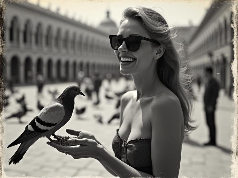 Vintage black and white photograph of a woman in St. Mark's Square. She is feeding pigeons with a joyful expression. The photo has a grainy texture and nostalgic feel, typical of the 1960s.