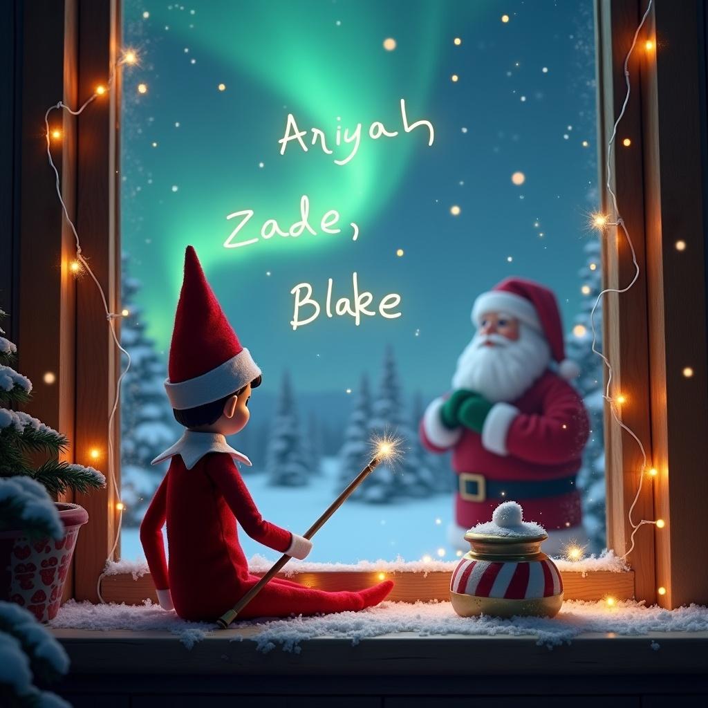 This enchanting image features an elf on the shelf sitting with his back toward the viewer, gazing out of a cozy window at a magical winter landscape. The elf, dressed in traditional holiday attire, is using a wand to write the names 'Ariyah, Zade, Blake' in the sky, illuminated by the stunning northern lights. In the background, Santa Claus stands, creating a whimsical and magical ambiance. The window is draped with twinkling fairy lights that brighten the room. Snow blankets the ground outside, completing the picture of a perfect Christmas scene.