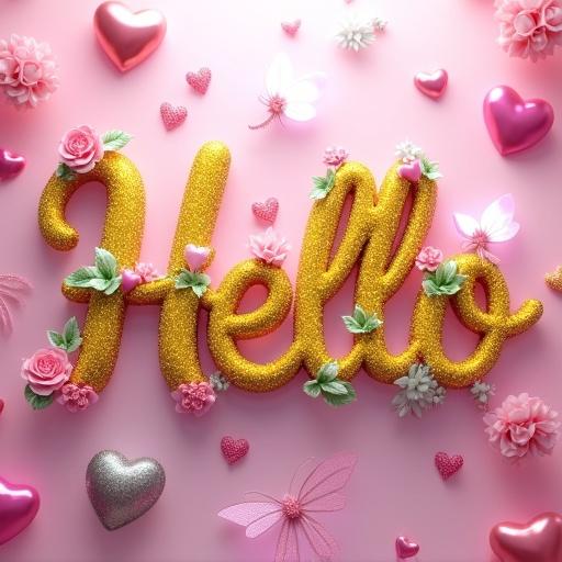 Digital art piece featuring glittery letters that spell Hello. Letters are adorned with floral patterns and heart motifs. Background consists of pink and silver hearts. Light pink backdrop enhances the design.