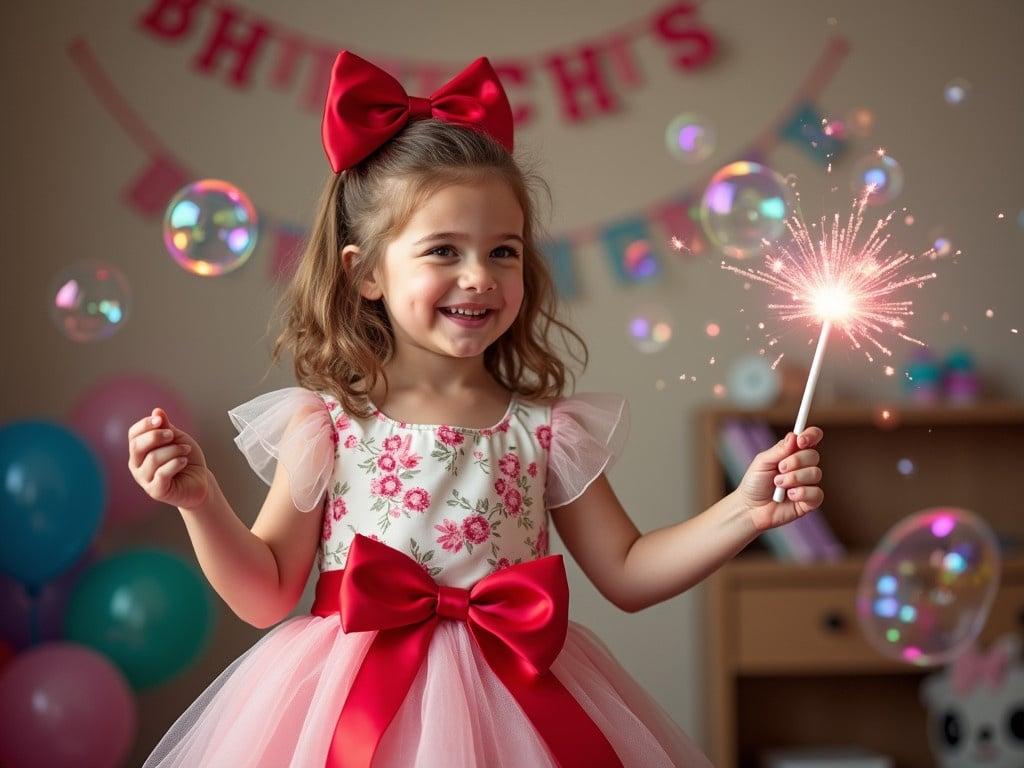 A young girl is celebrating her birthday, dressed in a beautiful floral dress with a vibrant red ribbon around her waist. She has a large red bow in her hair and is holding a magical wand that lights up in colorful bursts. Surrounding her are cheerful bubbles floating in the air, enhancing the festive atmosphere. The room is decorated in a whimsical style, with hints of birthday decorations in the background. The girl looks delighted and radiant, embodying the spirit of a princess on her special day.