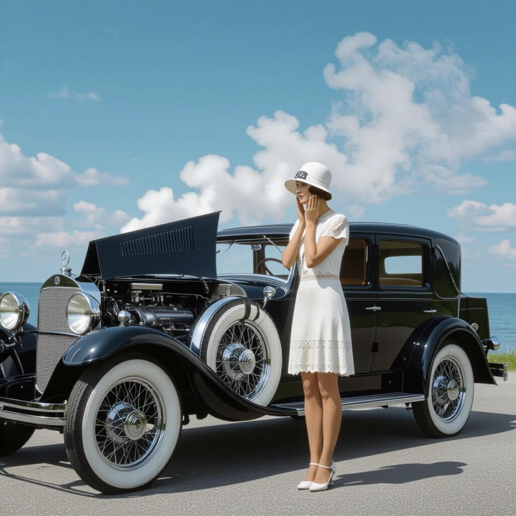 A woman dressed in a short white lace dress and a white cloche hat stands beside a vintage 1928 Mercedes-Benz. She has both palms pressed to her cheeks in comedic despair with her head tilted down. The car’s hood is wide open revealing a straight-six engine shrouded in steam. The setting features a misty mountain pass and a gravel roadside.