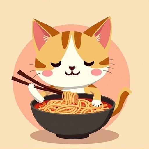 Cute cat eating ramen from a bowl. Cat holds chopsticks. Solid contrasting background. Colorful and playful.