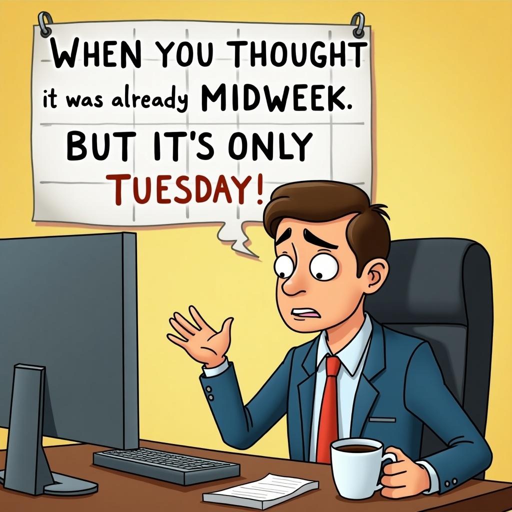 A humorous comic scene depicting a man in a suit sitting at a desk with a computer. A speech bubble shows a message about it being only Tuesday, despite thinking it was midweek. The man's expression conveys surprise and frustration.