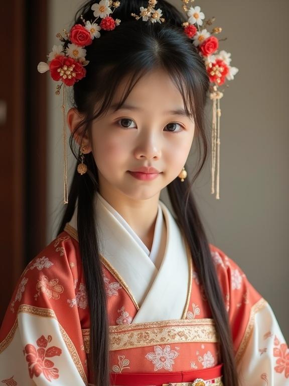 Full body portrait of a girl in hanfu attire. She has delicate features and is surrounded by soft lighting. Her expression is cute and charming. The attire includes flowers and elegant detailing.