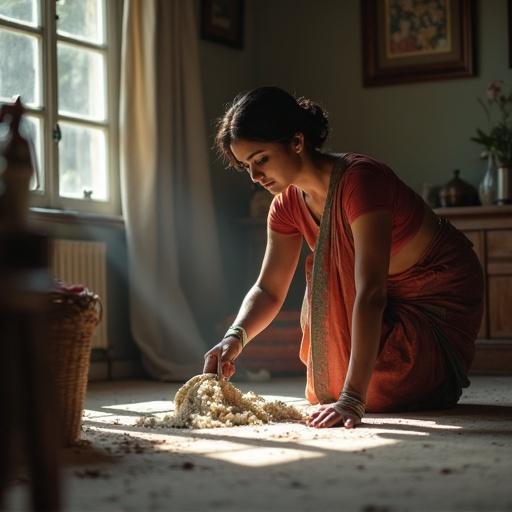 Indian woman in traditional attire cleaning the floor in a domestic setting. Natural light illuminates the scene, creating a warm atmosphere. Focus on her actions and the home environment without distractions.