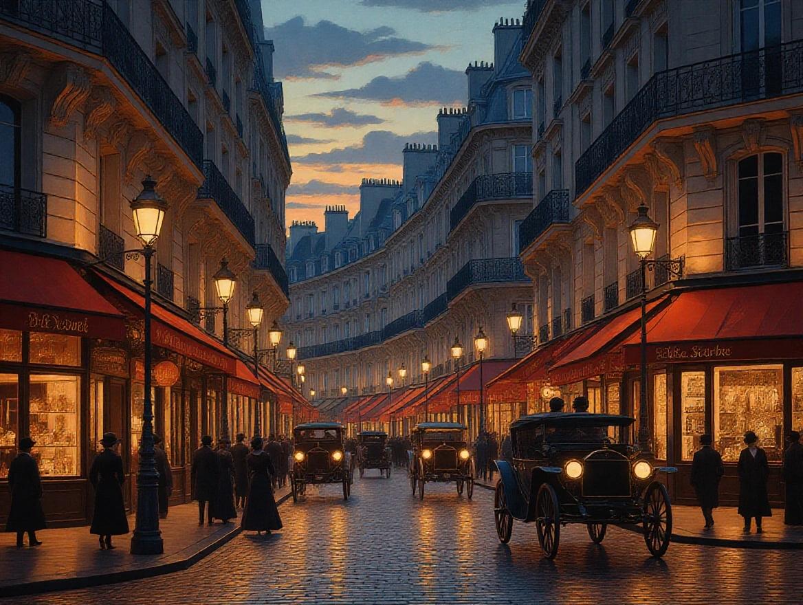 Elegant Parisian street scene during Belle Époque with warm gaslit boulevards and Art Nouveau architecture. People in sophisticated period attire with stylish hats and elegant dresses. Horse-drawn carriages passing by. Rich cultural vibrancy and lively atmosphere. Glowing street lamps casting soft, warm light. Dynamic lighting creating shadows and highlights. Detailed textures on clothing and buildings enhance opulent ambiance. Nostalgic essence of turn-of-the-century Paris in vibrant hues.