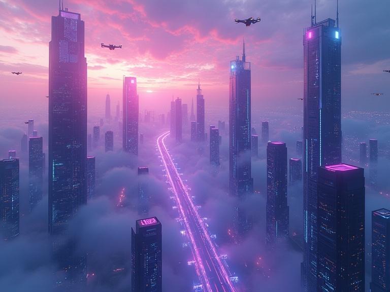 A sprawling cybernetic metropolis at dusk with neon-lit towers stretching into clouds. Autonomous drones circle in geometric patterns. Cinematic lighting features deep purples and electric blue reflections.