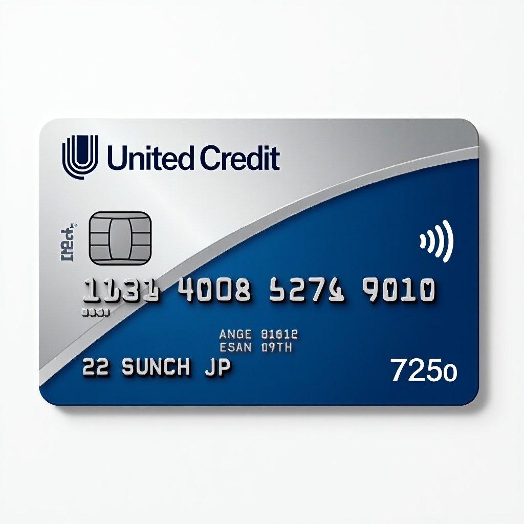 Realistic image of a credit card with distinct details. Prominent United Credit logo. Visible card number. Accurate alignment of cardholder name. Expiry date noted at the bottom. Clean appearance with blue and silver background. Bold black font. Last four numbers on the card are 7250.