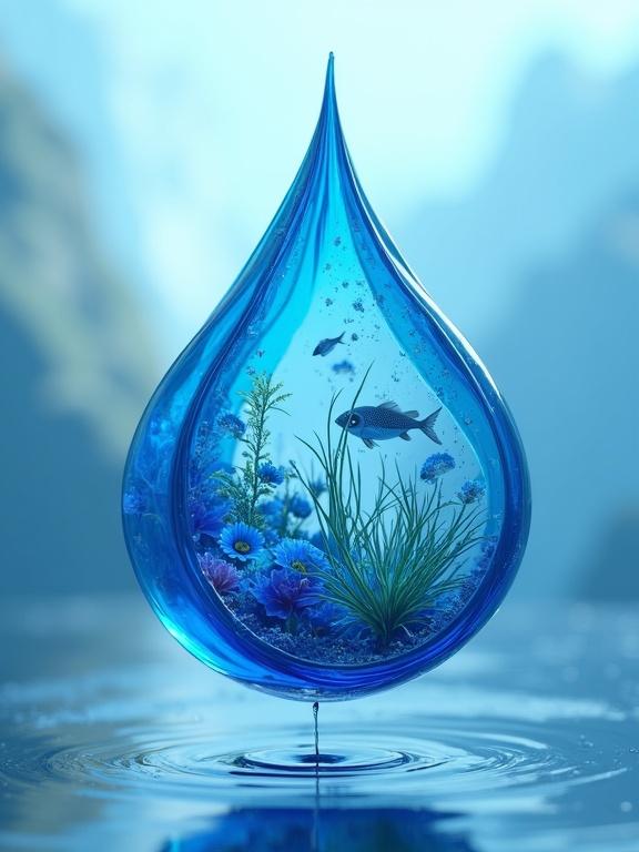 A blue water drop acts as a magnifying glass. Inside the drop is a detailed ecosystem with aquatic plants and fish. The orb is floating in the air against a blurred blue sky background. The image illustrates water's vital role in supporting life.