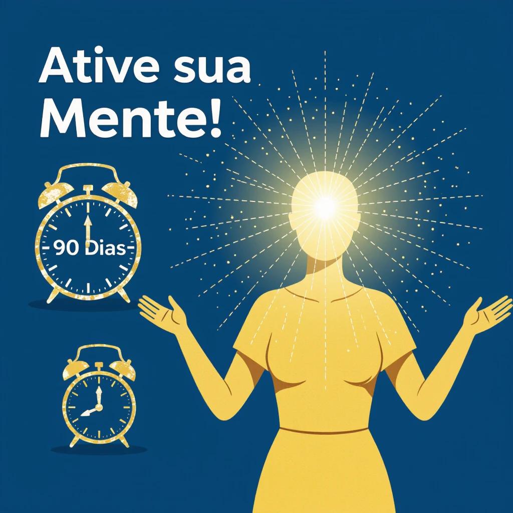 Background is blue and golden. Visual element is a silhouette of a person with arms open, radiating light to symbolize consciousness expansion. Light particles surround the head representing subconscious mind awakening. Subtle clock icon hints at '90 days' creating urgency. Short striking text: 'Ative Sua Mente!' or '90 Dias de Poder'. Bold white letters with black shadow and yellow/golden highlight on 'Mente' or 'Poder'. Aspect ratio is 16:9.