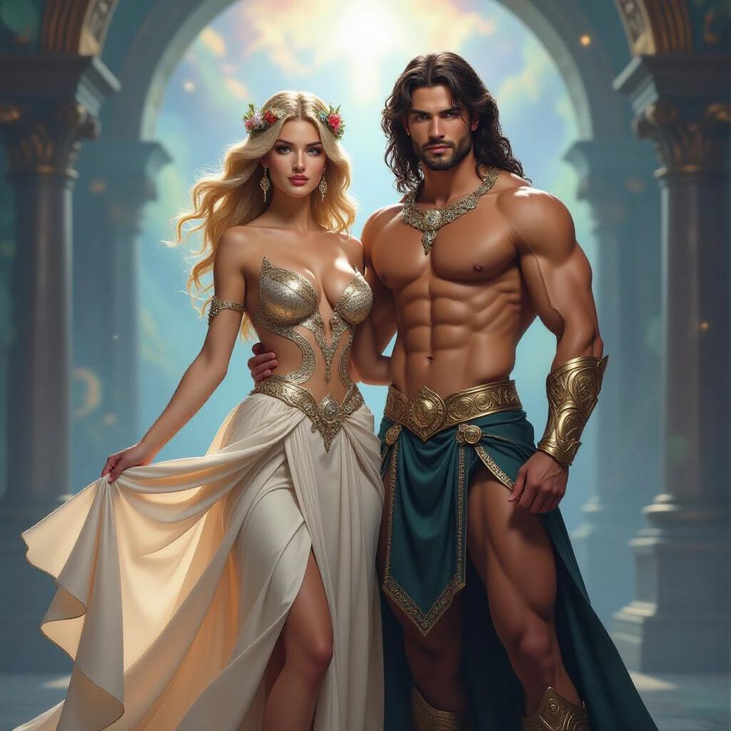 A striking couple stands confidently in a mythical setting. The woman has golden hair and wears a floral crown. Her outfit includes a metallic bodice and a cream skirt. Next to her, a muscular man wears an ornate chest piece. They convey unity in a vibrant cosmic background.