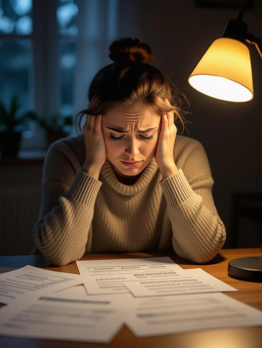 Close-up of a woman holding her head in her hands. She looks exhausted yet determined. Scattered papers on the table show tuition costs and expenses. It's nighttime with a desk lamp illuminating the scene. The ambiance is quiet and tense with moody colors.
