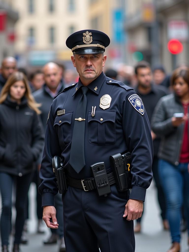 A police officer stands confidently in a busy street wearing a sharp uniform. The officer faces a bustling crowd. The stance is strong and attentive reflecting professionalism. A diverse group of people is engaged in conversation in the background. The scene captures urban life dynamics and emphasizes community interaction.