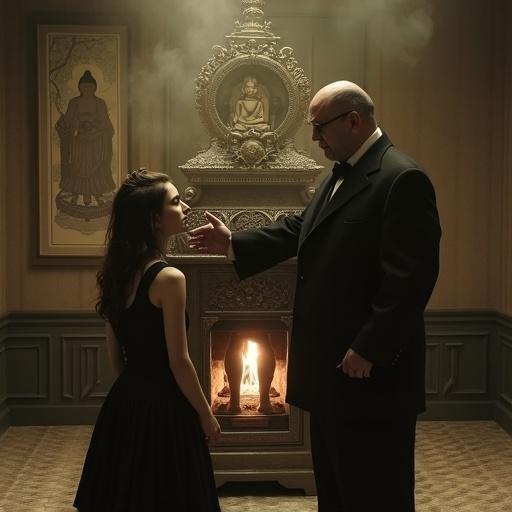 A stout pale man stands in a crematorium. An ornate funeral furnace has fire glowing inside. Two human legs protrude from the furnace. He gently rests his hand on the head of a young girl beside him. A pale woman in a black dress stands on the other side. All have blank expressions. Thick smoke fills the air. Shadows of fading figures appear. A buddhist painting is on the wall. The image has sepia tones. It evokes an eerie surreal mood.