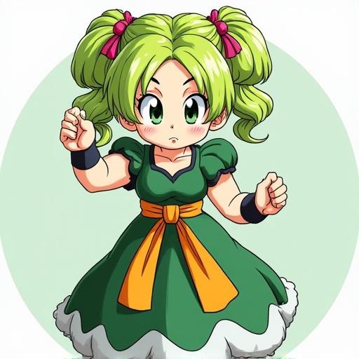 Dragon Ball Super Broly female version with a cute pose. Character has green hair styled in pigtails. Wears a green dress with an orange belt and a frilly white hem. The character's expression is cute and playful.
