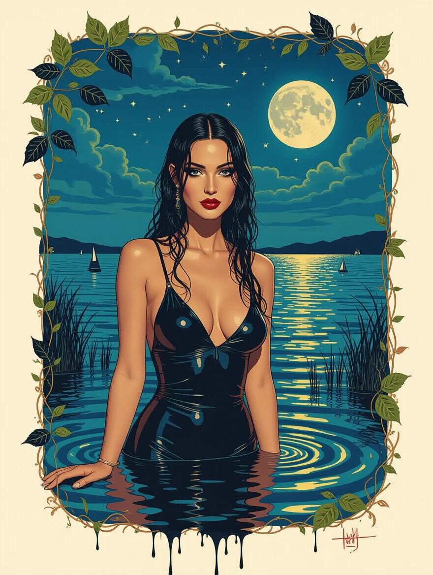 A surreal portrait features a wet figure standing in water. Moonlit night symbolizes mystery. The background displays natural elements like leaves and plants. The style reflects influences from Salvador Dali and Monet. Colors are vivid with a dominant focus on blues and greens. The image captures whimsy and beauty prominently.