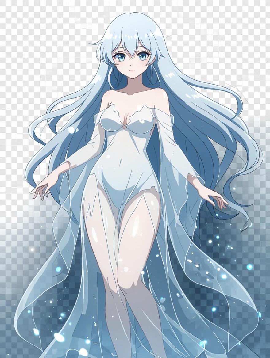 High-resolution 2D anime illustration of a female ghost. Character has voluptuous figure. Traditional cel-shaded style inspired by Studio Ghibli. Body is semi-transparent and glowing. Hair floats as if underwater. Wears a graceful translucent gown. Large glowing eyes show calm expression. Supernatural spirit appearance with floating particles and soft aura. Color palette includes white, gray, and soft blue. Transparent background only. No photorealism or 3D elements.