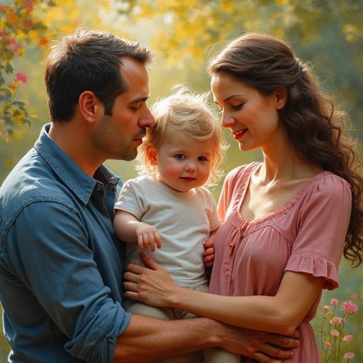 Family portrait in an impressionist style. Parents holding a child outdoors. Warm sunlight and soft colors.