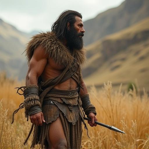 Neanderthal depicted in leather clothes holding a spear in a field while hunting food.