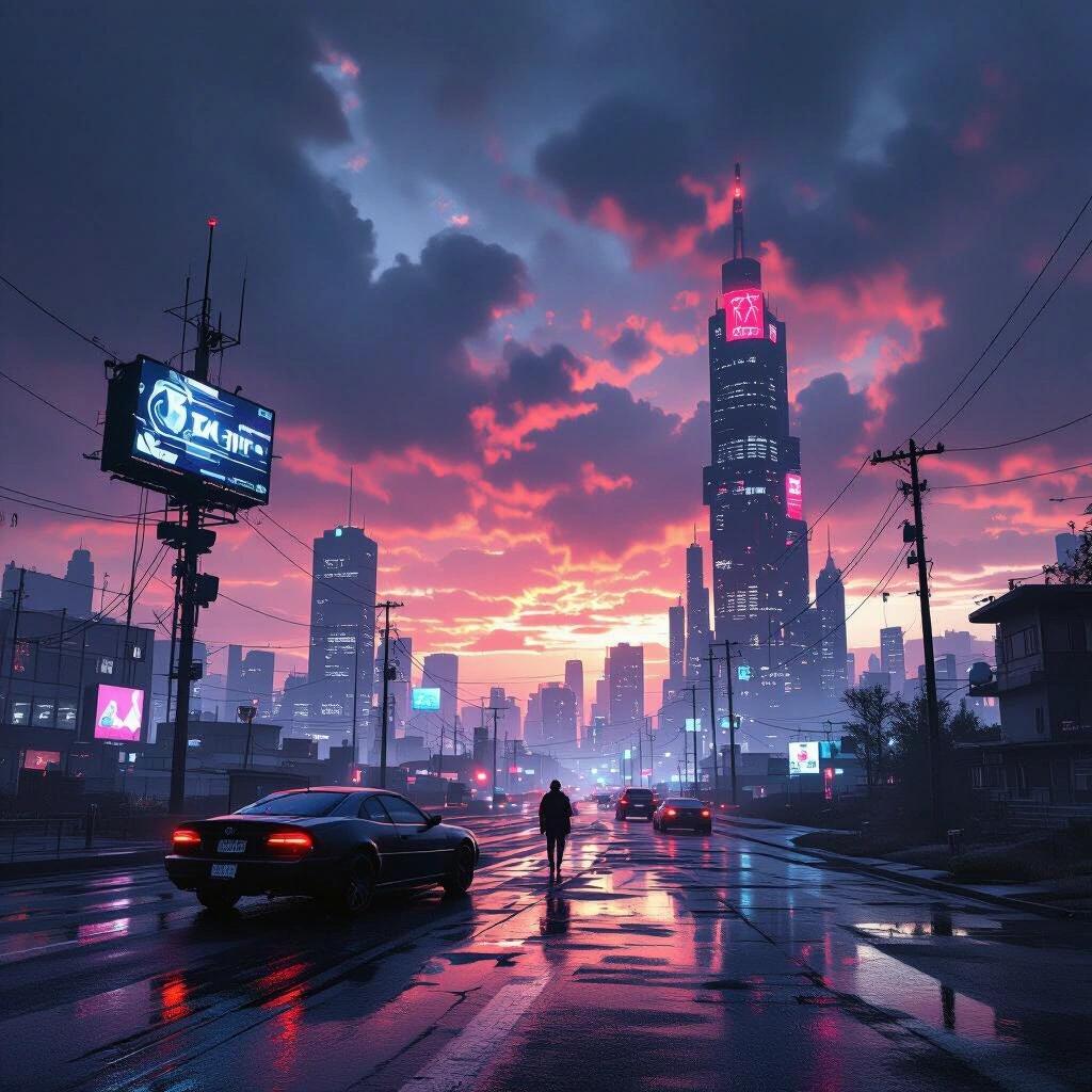 Surreal cyberpunk scene featuring dark skies and city skyline. Neon lights illuminate a wet street with reflections. A lone figure walks amid urban structures.