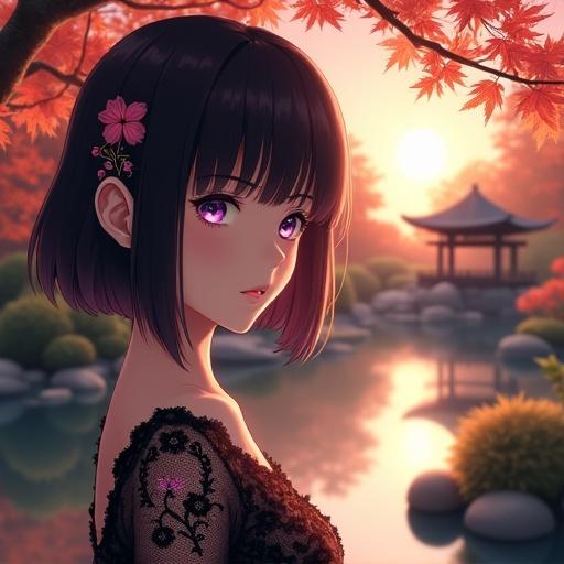 A semi-realistic anime-style portrait of a beautiful woman with a delicate facial structure. Deep violet eyes with reflective light. Short dark hair styled with a flower hairpin. Wearing a gothic lace dress. Background features a tranquil Japanese garden at sunset with golden light. Koi pond and tea house in the distance. Cinematic composition with ultra-detailed elements.