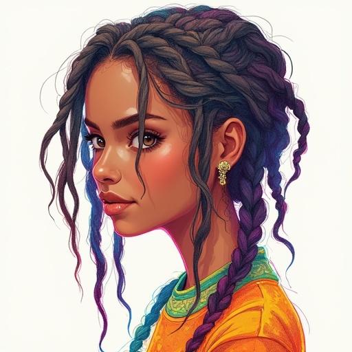 Create an image of a pretty female with colorful braided short dreadlocks. She looks amazed and is smiling. The haircut is nice with a glimmer and an edgy style. The artwork has a glitched pencil sketch effect and feels heavenly and perfect.