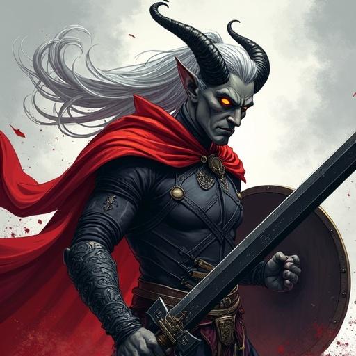 A tall male tiefling with ash-gray skin and glowing amber eyes. He has long silver hair in a high ponytail and sleek black horns. Dressed in a chainmail shirt and a red cloak, he swings a black longsword. Blood splashes around him in a dynamic action pose with cinematic lighting in a comic book and graphic novel style.