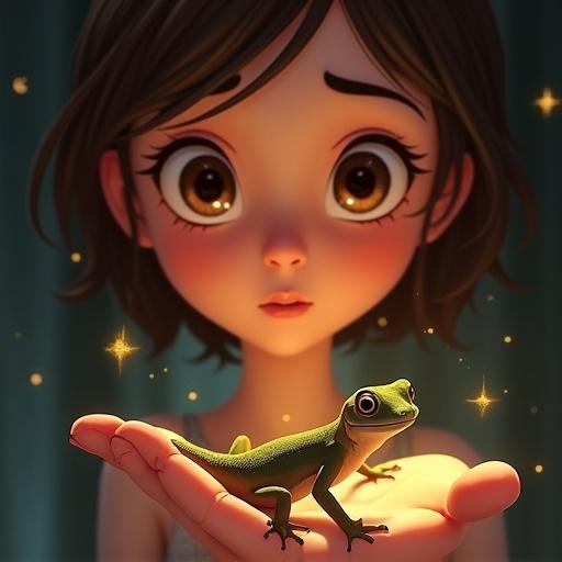 Kim holds a gecko in her palm. She has a thoughtful expression. The gecko looks directly into her warm brown eyes. A faint magical shimmer surrounds the gecko. The scene emphasizes the connection between Kim and the gecko.