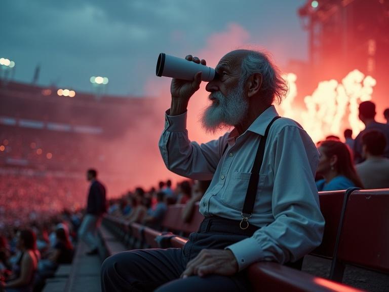Old man sitting on stadium bleacher. He has a balding head with white hair and a scruffy beard. Wearing a button-up shirt and suspenders. Unimpressed expression while holding opera binoculars. Energetic concert audience in the background. Metallica concert stage with bright lights and fireworks.