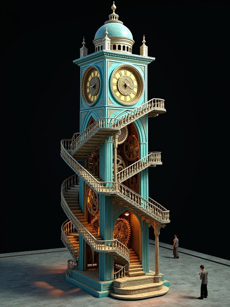 Hyper realistic isometric Moroccan clocktower design inspired by M.C. Escher. Tower features interconnected staircases and impossibly designed arches. Intricate facade shows silver, turquoise, and oxidized gold against a black background. Exposed mechanical gears create motion, clock hands made of weathered sterling silver. Elaborate timepiece at the center. Artwork in detailed matte painting style with deep colors and intricate details.