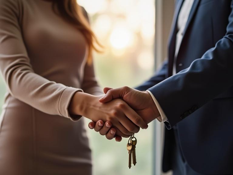 A realtor in a suit hands over keys to an elegant couple dressed expensively. The light colors create a soft, stylish atmosphere. The handshake signifies a successful property transaction.