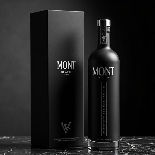 Refined ultra-premium vodka bottle and presentation box. Tall slender bottle made of matte frosted black glass. Vertical clear window strip shows vodka inside. Embossed platinum silver lettering says 'MONT BLACK' in modern serif font. 'by Vuletta' is cursive beneath. Brushed platinum cap with engraved 'V' monogram. Rigid matte black presentation box with textured fabric-grain material. Platinum silver foil logo 'MONT BLACK by Vuletta' on front. Dark marble surface and charcoal-to-black gradient backdrop. Soft directional lighting highlights features.