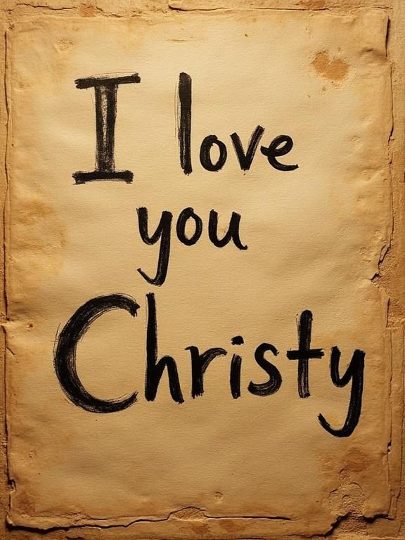 A note on ancient paper shows the message of love. The text displays affection towards a person named Christy.