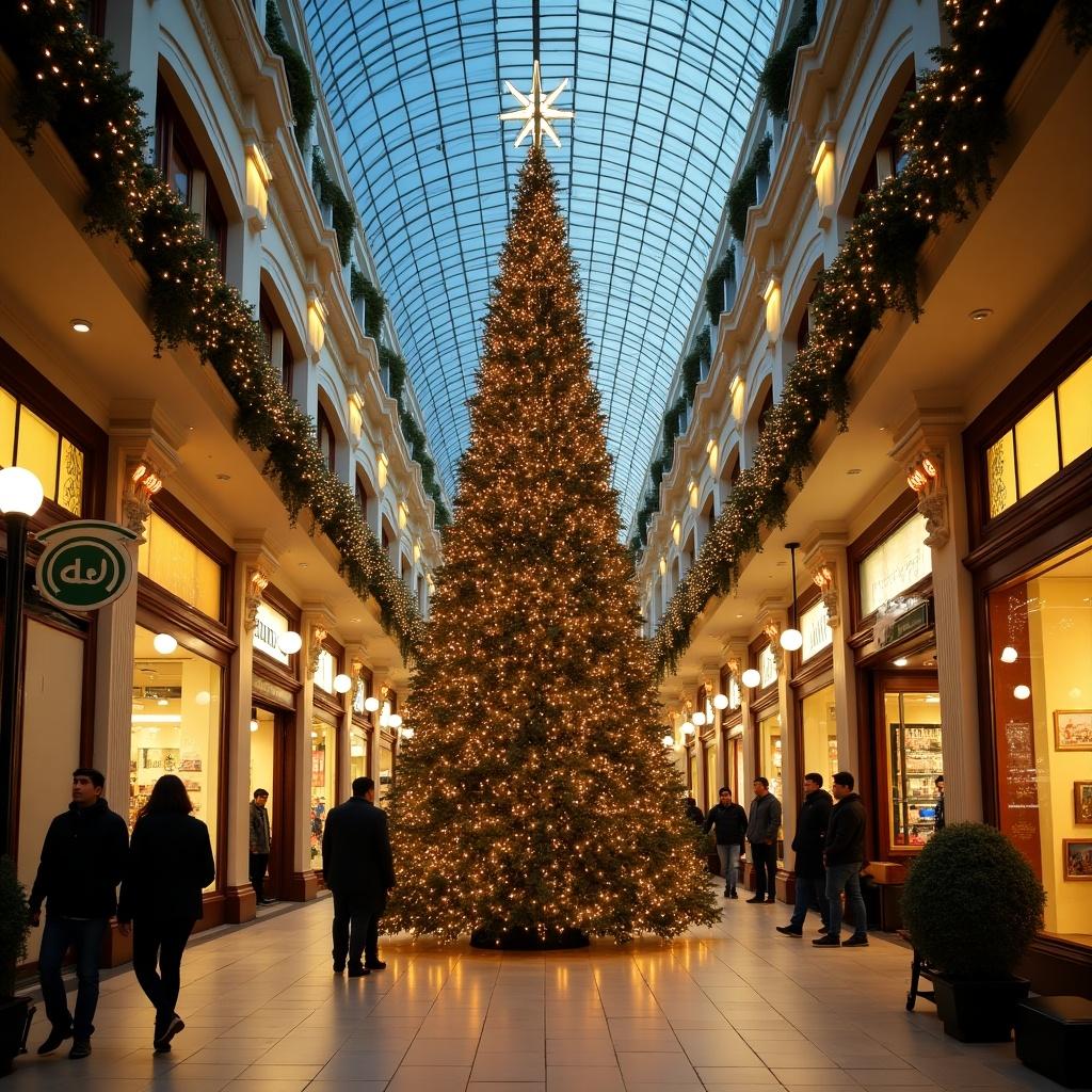 A bustling shopping mall decorated for Christmas. A tall, illuminated Christmas tree stands prominently. The surrounding area is lively with shoppers and festive ornaments.