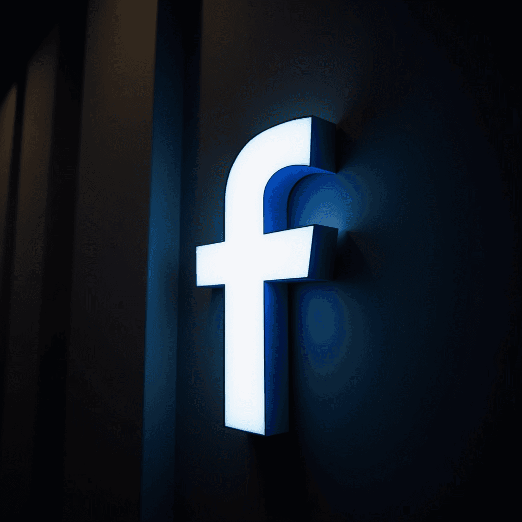 A luminous white Facebook logo against a dark, moody wall, creating a stark contrast and a modern, sleek appearance.