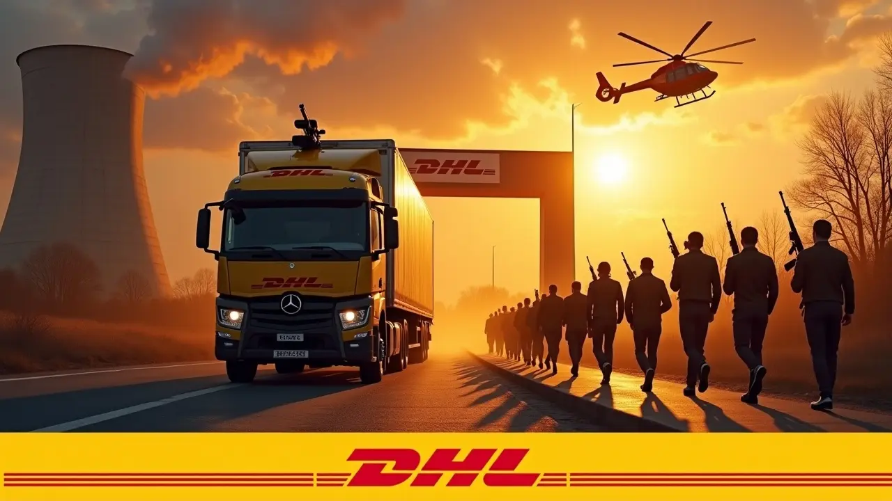 In a dramatic scene, a DHL delivery truck approaches the gates of a nuclear power plant, equipped with a machine gun turret. Men dressed as delivery personnel march in unison, holding rifles, creating an intense atmosphere. The sky is ablaze with a fiery sunset, casting an orange glow on the scene. Above, a DHL helicopter hovers, adding urgency to the setting. The bold DHL logo at the bottom ties the imagery to the company, showcasing a unique blend of logistics and defense themes.