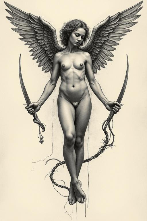 Drawing of a winged figure holding weapons with a focus on erotic artistic representations.