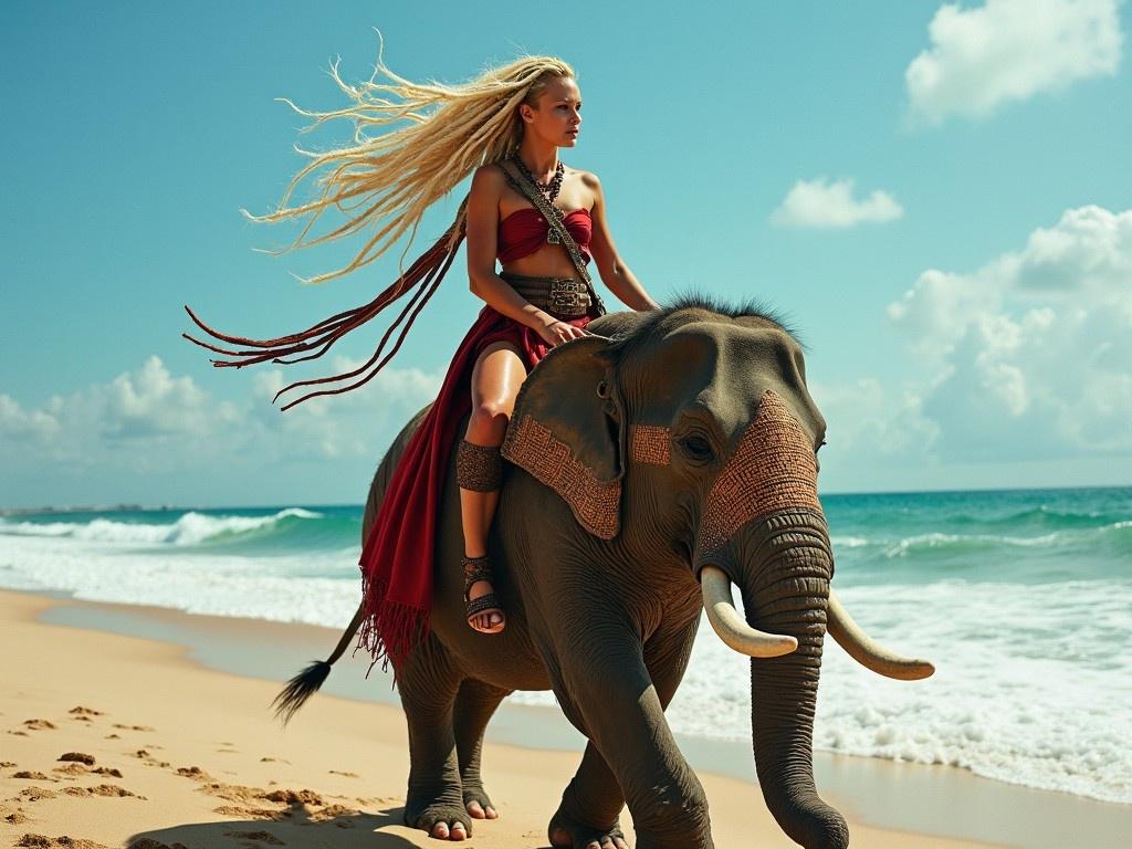 The image features a striking scene on a beach. A woman with half-blonde, half-red hair and dreadlocks embodies an ancient warrior. She confidently rides an elephant along the shoreline. The sky is bright and blue, accentuating the beauty of the moment. The elephant appears majestic against the backdrop of ocean waves and golden sand.