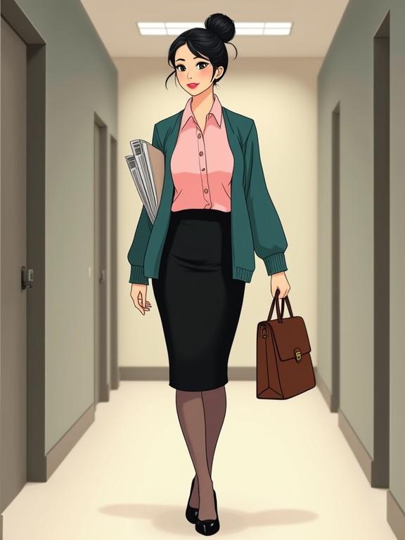 Cartoon image of young East Asian female agent. She has black hair in a bun. Wears blush-pink blouse and black knee-length skirt. Has a teal cardigan and dark-brown pantyhose. Carries files and a brown satchel. The agent walks in a well-lit corridor with soft lighting.