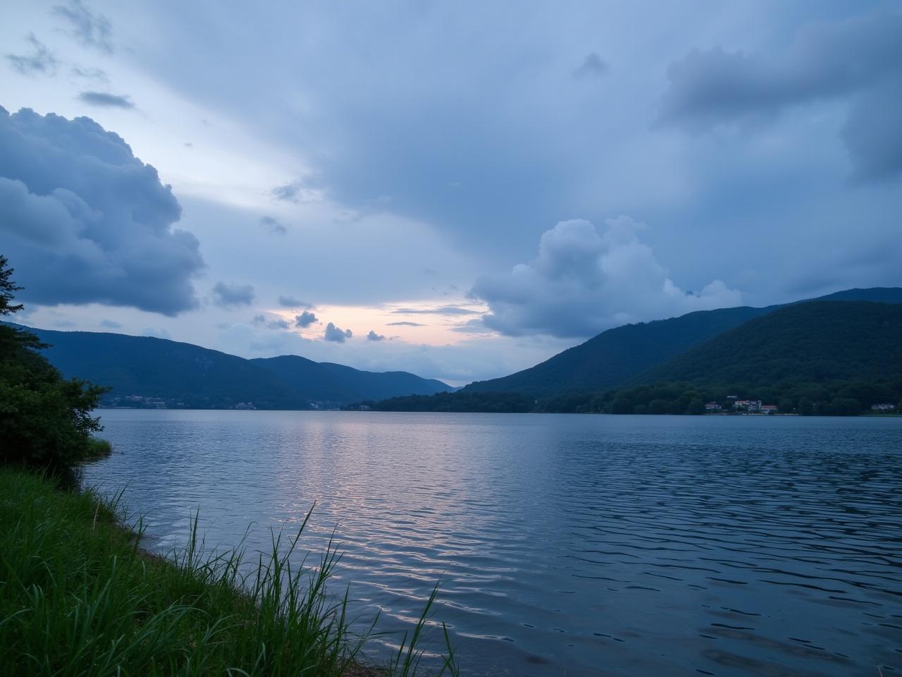 The image features a serene lakeside scene during twilight. Soft waves ripple across the surface of the water, reflecting the colors of the sky. In the background, rolling hills and mountains create a dramatic backdrop. The sky is filled with varying shades of blue, grey, and hints of pink from the setting sun. Lush greenery flanks the shore, adding a touch of life to the peaceful landscape. A few clouds drift lazily overhead, enhancing the tranquil atmosphere of the scene.