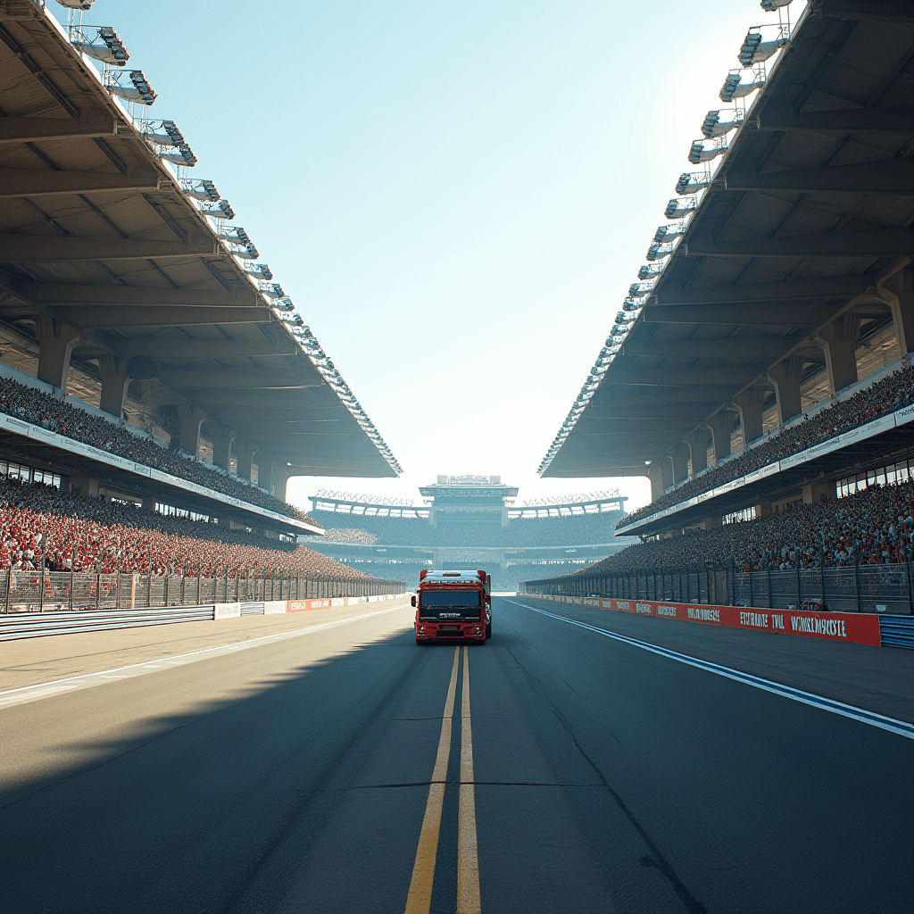 A red race truck speeds down an empty track between full grandstands in a stadium.