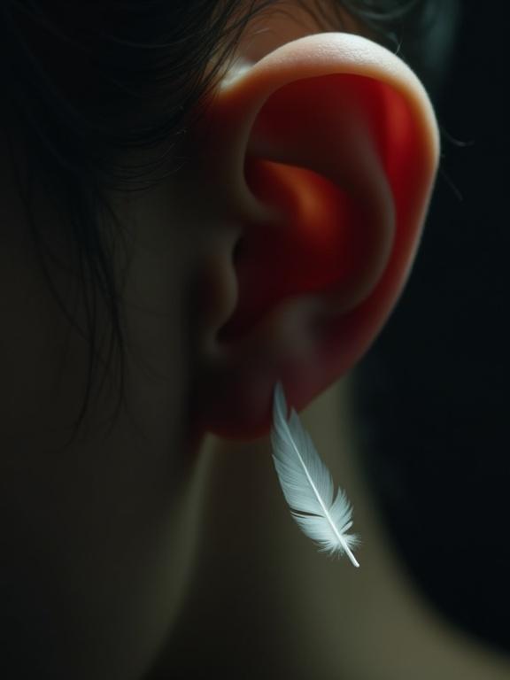 Close-up of an ear featuring a small white feather. The feather floats slowly down towards the ear. The image captures themes of softness and purity. Background is dark and out-of-focus. Emotionally intimate atmosphere.
