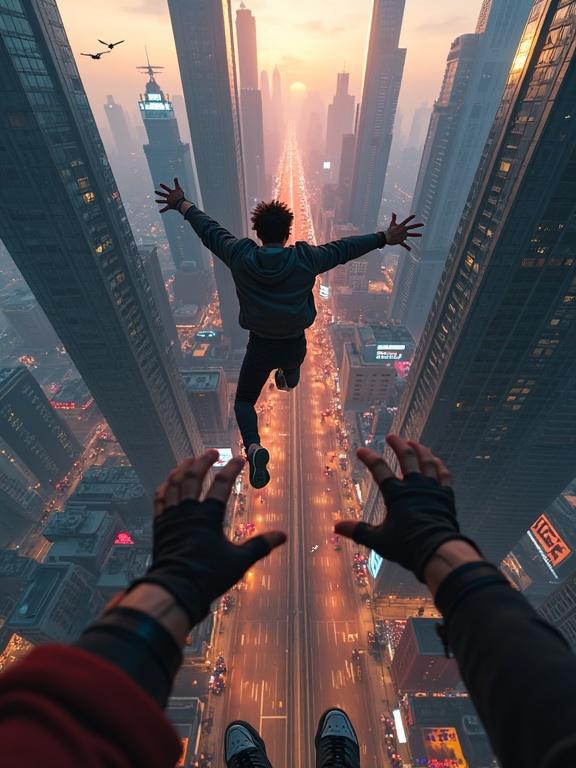 A POV view shows a character leaping between rooftops in a futuristic city at dusk. Character's hands outstretched. Worn parkour gloves noticeable. Timer on wristwatch shows 00:30. Below, a dizzying drop into bustling streets. Neon billboards and traffic visible. Scuffed sneakers at frame edge. Silhouette of pursuer on starting rooftop adds urgency.
