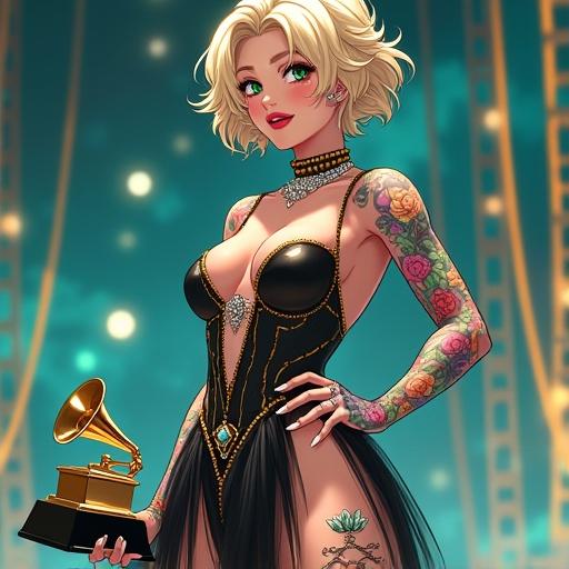 Anime woman holds Grammy on modern music awards stage. 67 years old, possesses beautiful features, has light blonde curly hair and emerald green eyes. Dressed in an over the top, sexy, edgy dress. Tattoos cover her arms. Happy expression. Elegant yet muscular physique. Nighttime setting in Los Angeles.