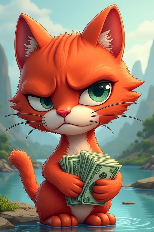 Serious red cat character in a cartoon style. Cat is holding dollar notes. Background features a white river and scenic landscape.