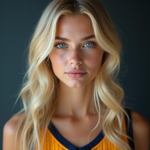 Stunning hyperrealistic portrait of a beautiful blonde girl with blue eyes wearing a basketball jersey.