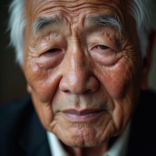 Close-up shot of an older Asian man. Eyes are closed. Tears are running down the cheeks. Head is slightly tilted upwards. Focus on facial expression conveying deep emotion.