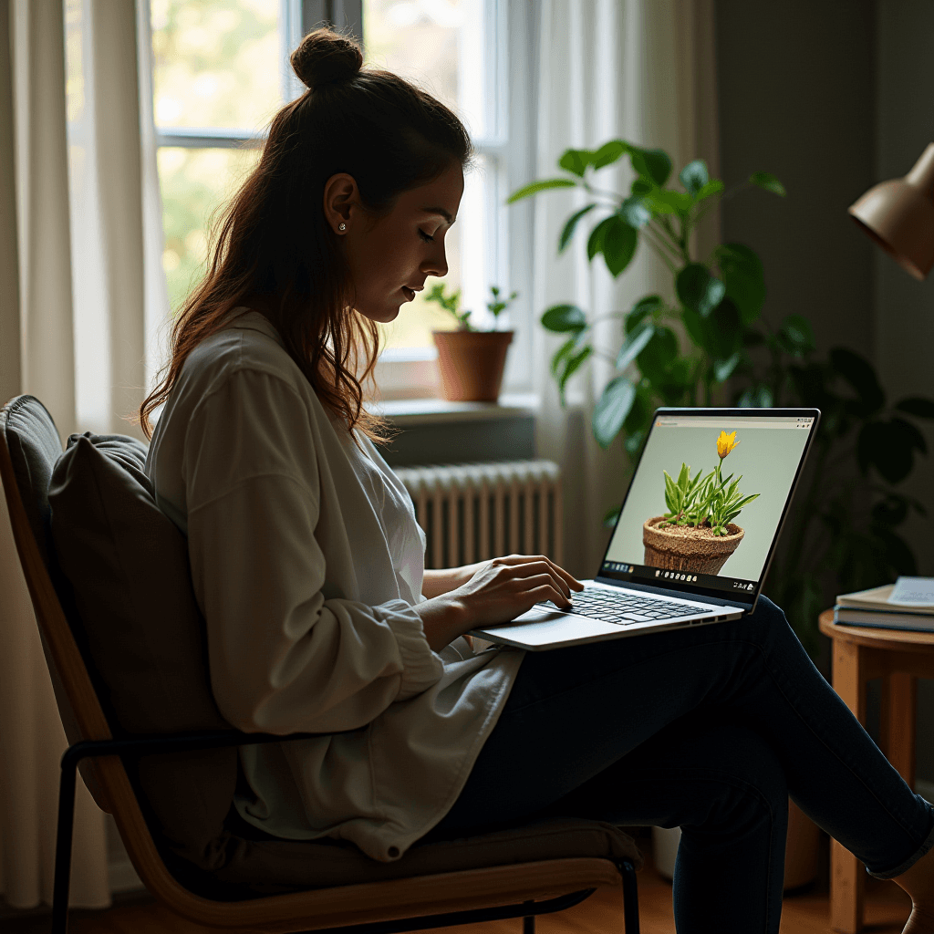 A woman working on a laptop indoors near a window with plants in the background.